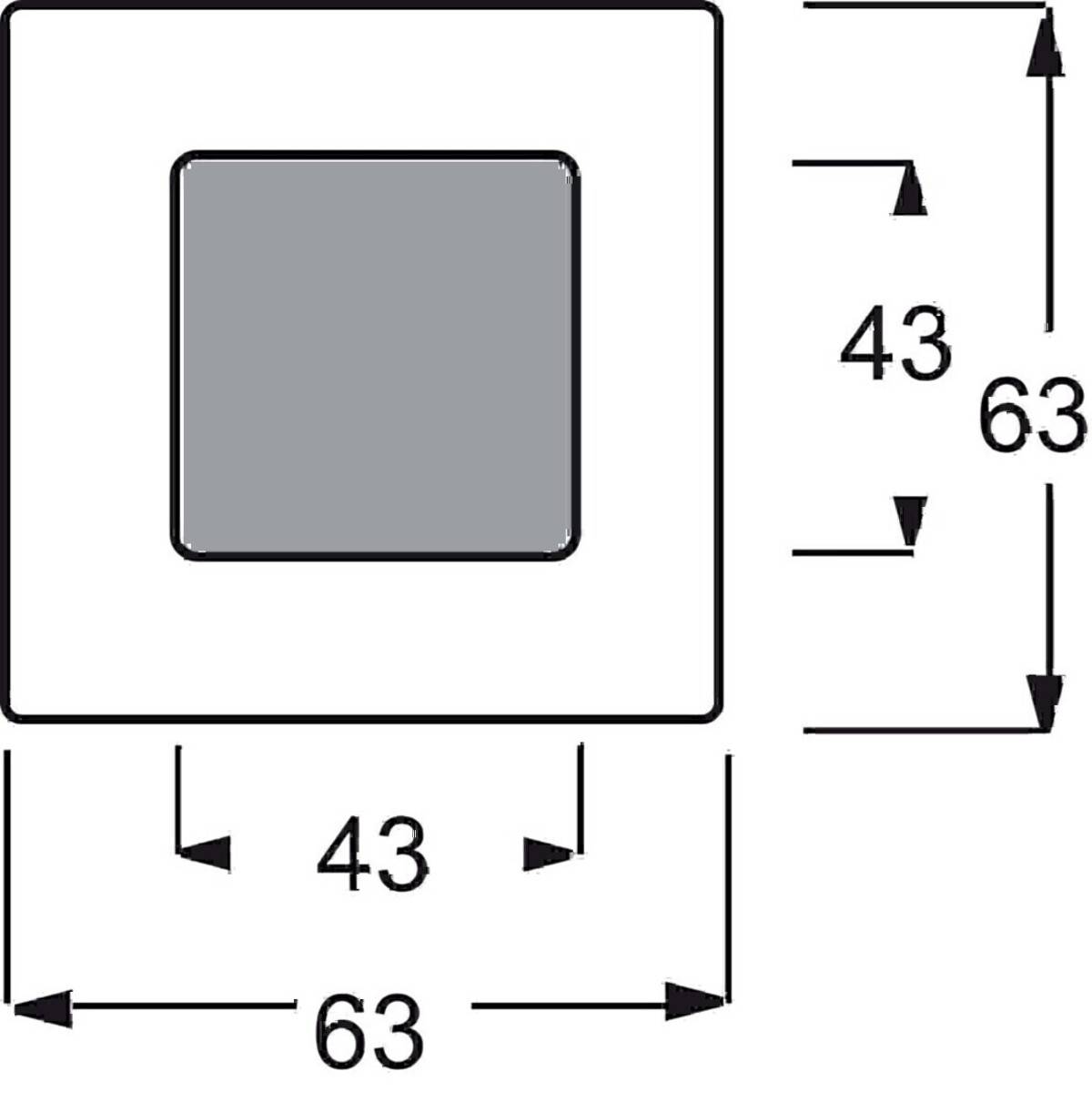 Bemaßte Skizze eines quadratischen Panels mit einem zentrierten inneren Quadrat; äußere Größe mit 63 beschriftet, innere Öffnung mit 43 beschriftet, mit übereinstimmenden Höhenmessungen auf der rechten Seite.