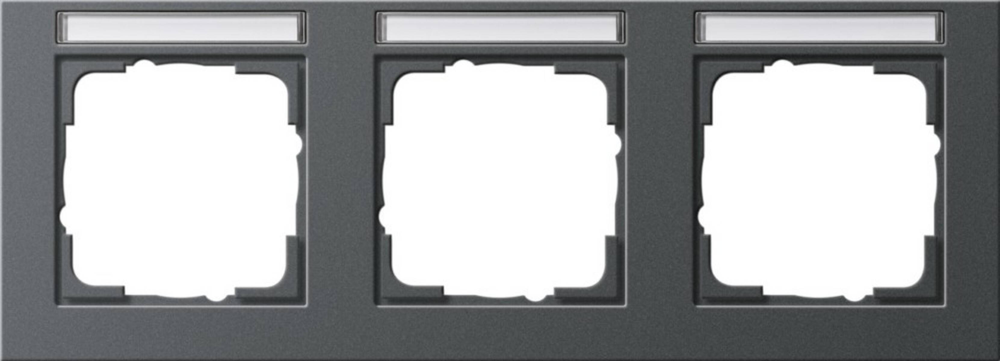 Ein graues Panel mit drei leeren weißen quadratischen Anzeitefenstern, die horizontal ausgerichtet sind, jedes in einem dunklen Rahmen.