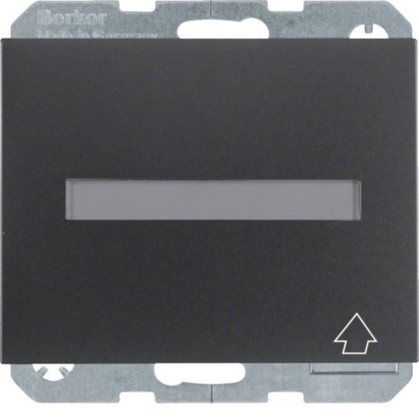 Schwarze Wandschalterplatte mit zentralem horizontalem Wippschalter und Pfeil-nach-oben-Symbol unten rechts.