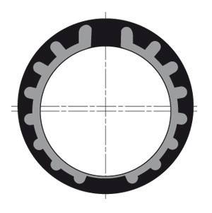Technische Querschnittszeichnung eines Zahnrads oder Lagerings mit gleichmäßig verteilten Außenzähnen um eine hohle Mitte.