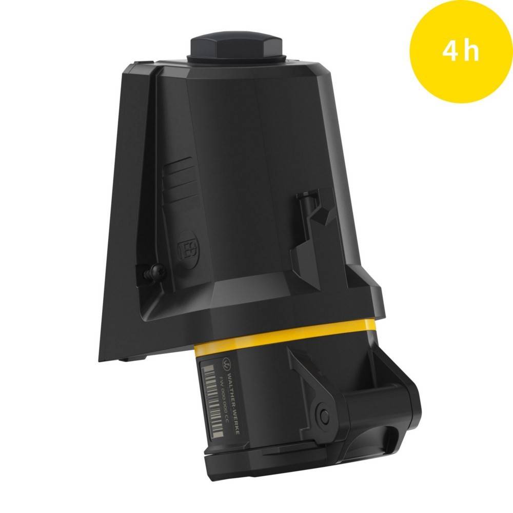 Ein schwarzes und gelbes industrielles Maschinenteil wird gezeigt mit einem gelben Kreis in der Ecke, der '4h' enthält, möglicherweise zur Anzeige der Nutzungszeit oder Dauer.