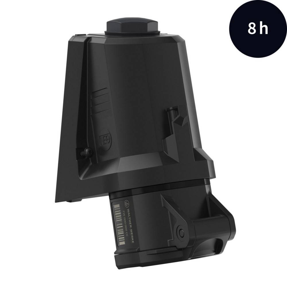 Ein schwarzes Akkuladegerät für Elektrowerkzeuge mit einer digitalen Anzeige, die '8 h' zeigt.
