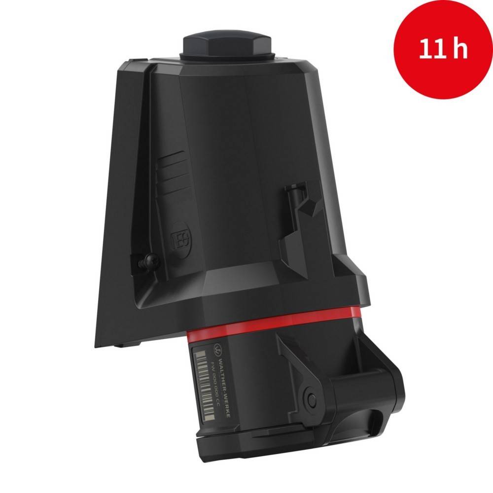 Ein schwarzes und rotes Ladegerät mit '11 h' in einem roten Kreis, das eine Ladezeit von 11 Stunden anzeigt.