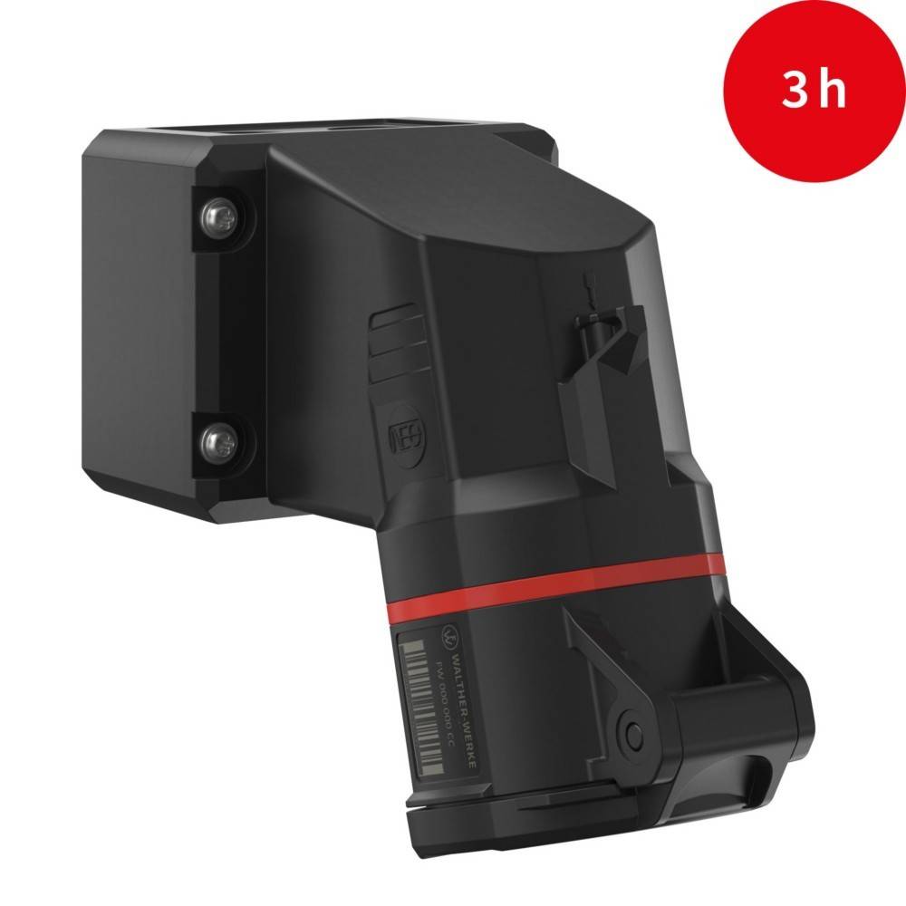 Ein schwarzes und rotes Elektrowerkzeug-Zubehör mit einem roten kreisförmigen Symbol, das '3h' anzeigt und auf eine Lade- oder Nutzungsdauer von 3 Stunden hinweist.