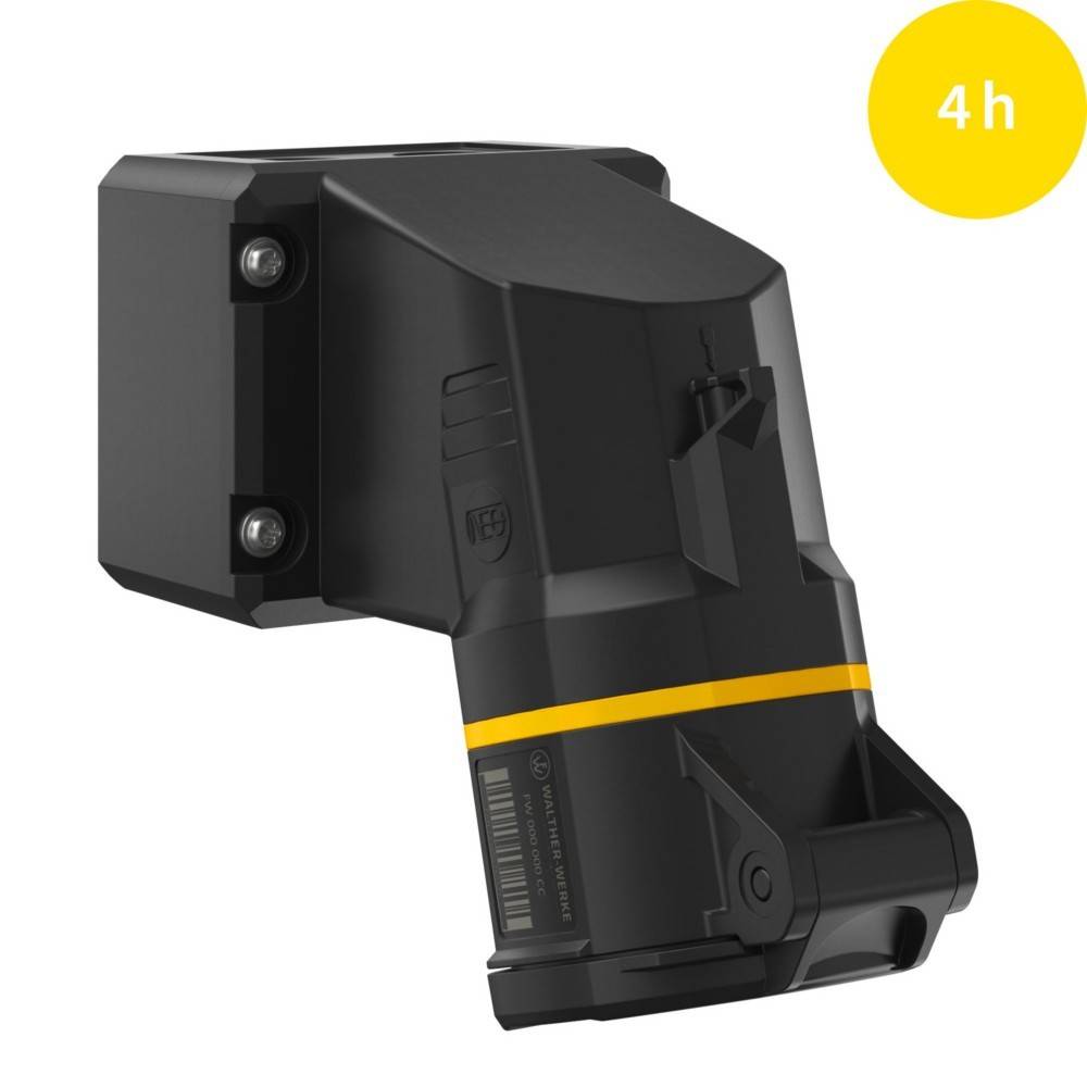 Batterie mit Halterung, ausgestattet mit einem gelben Akzent und einem '4h'-Etikett in der oberen rechten Ecke, was eine Nutzungsdauer von vier Stunden anzeigt.