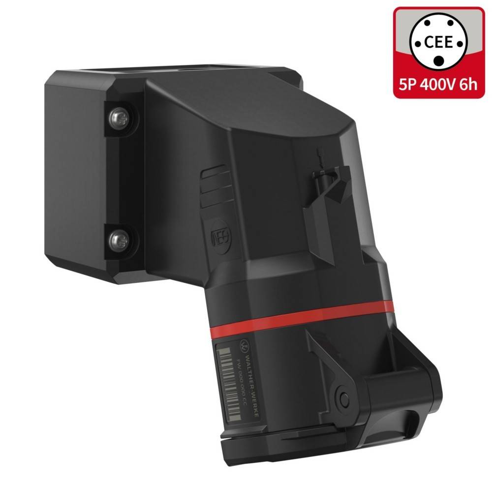 Ein schwarzer industrieller Stecker mit einem roten Streifen, beschriftet mit 'CEE 5P 400V 6h', konzipiert für robuste elektrische Verbindungen.