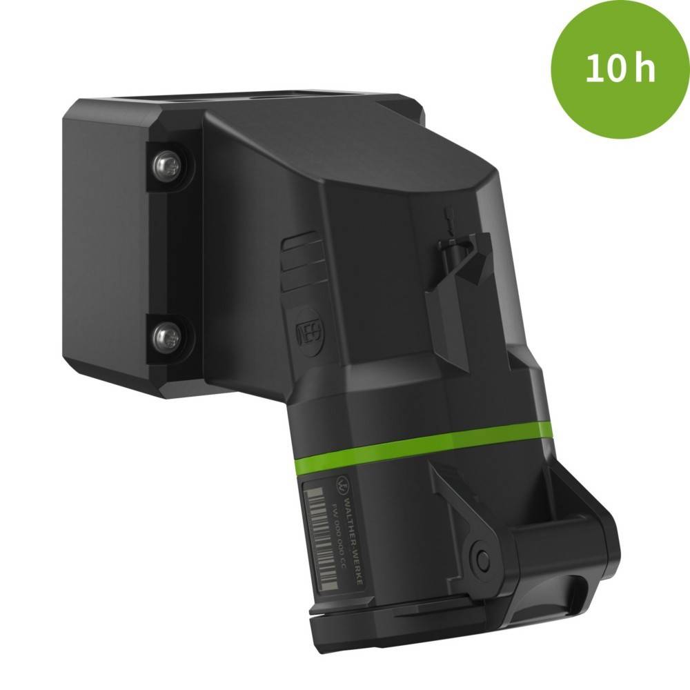 Ein schwarzer, eckiger Ladegerät in Schwarz mit grünen Akzenten, beschriftet mit '10h' in einem grünen Kreis, der eine Ladedauer von 10 Stunden anzeigt.