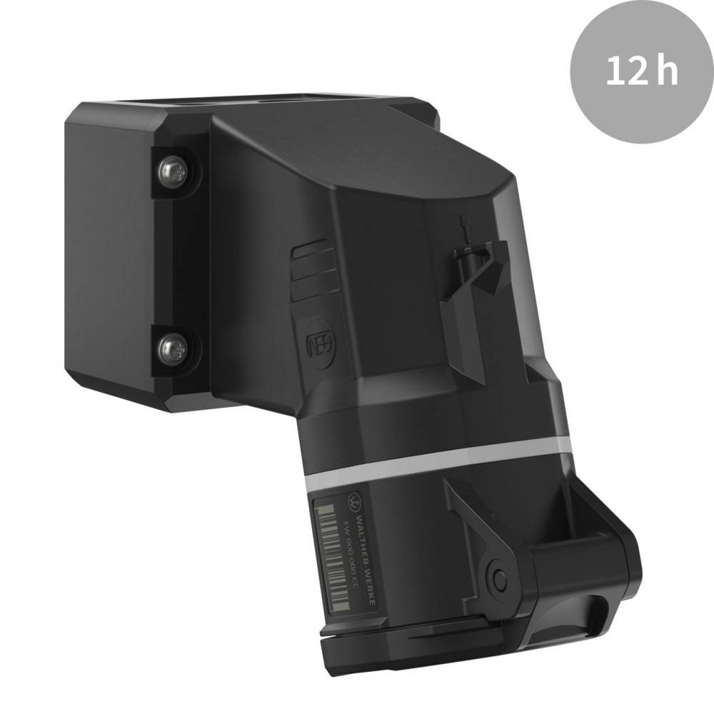 Eine schwarze und graue Akku-Werkzeugbatterie mit kompaktem Design, hervorgehoben durch einen kreisförmigen '12h'-Aufdruck, der 12 Stunden Nutzungsdauer anzeigt.