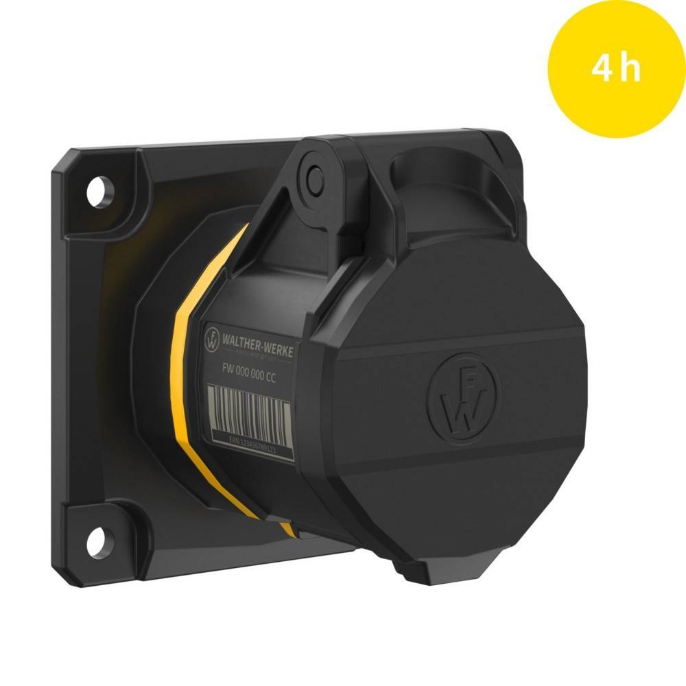 Eine schwarze und gelbe elektrische Steckdose mit Schutzdeckel, von Walther-Werke entworfen, an einer Wand montiert. Markiert mit '4h' in einem gelben Kreis.