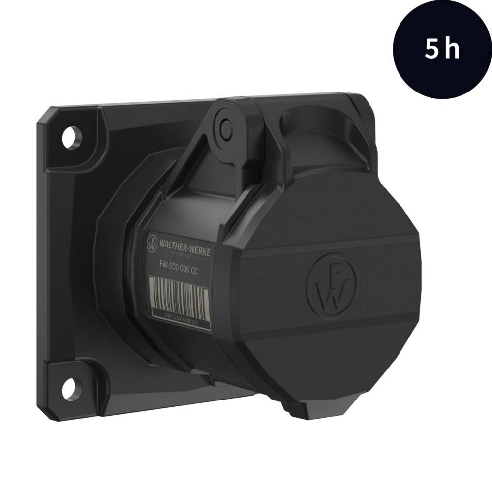 Schwarze Walther Werke industrielle Stromsteckdose mit runder Abdeckplatte und Deckel