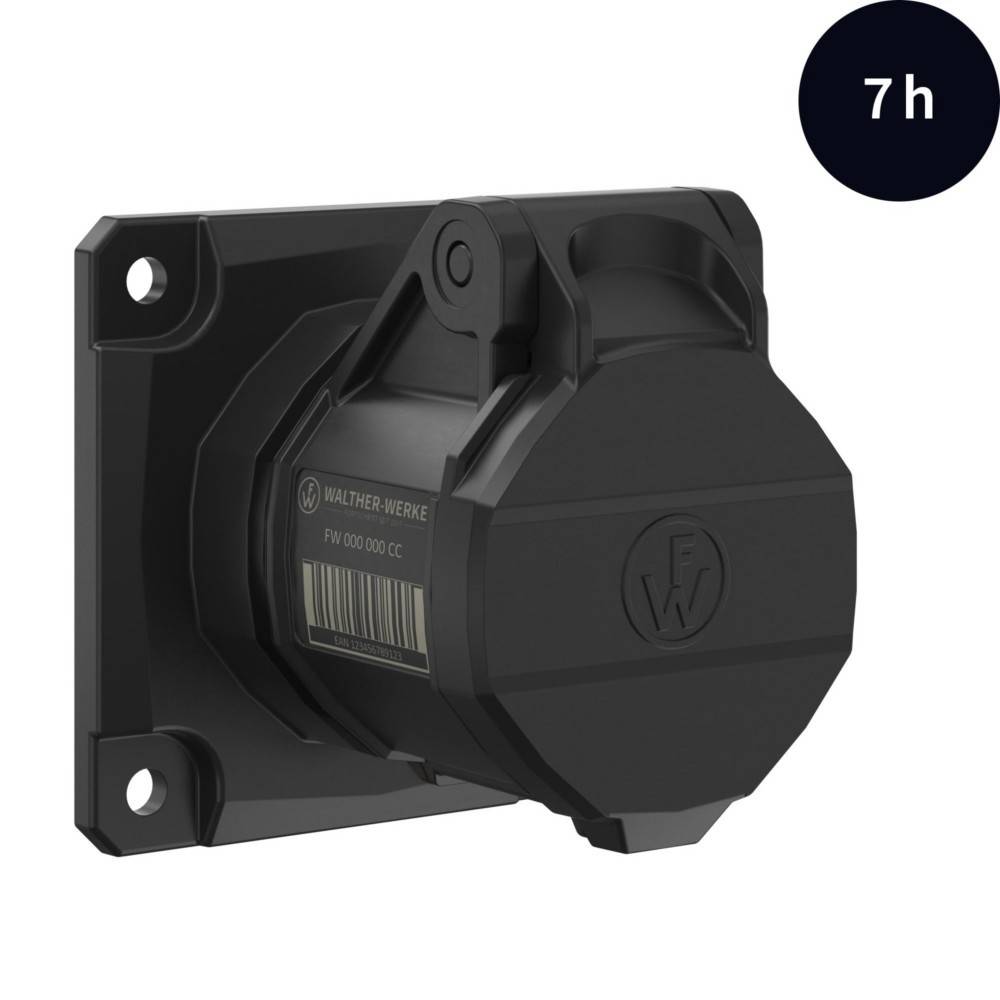 Eine schwarze elektrische Steckdose mit Abdeckung, versehen mit dem Etikett 'WALTHER WERKE'. Die Zahl '7h' ist in einem dunklen Kreis oben rechts dargestellt.
