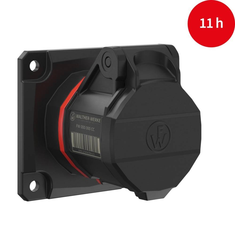 Schwarze industrielle Steckdose mit rotem Innenleben und Abdeckung, an einer Wand montiert. Ein roter Kreis in der oberen rechten Ecke zeigt '11 h' in weißer Schrift.