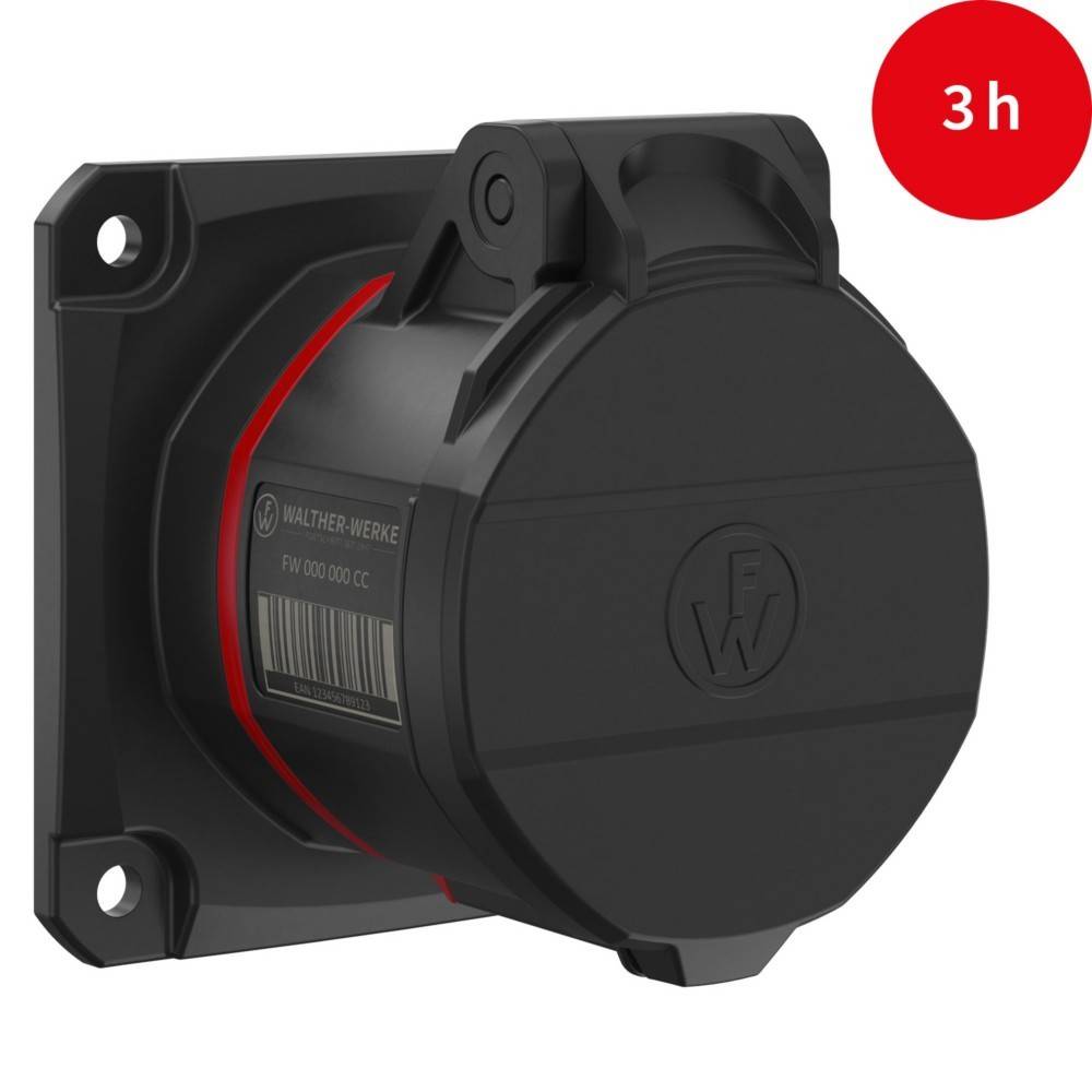 Schwarze und rote industrielle Steckdose mit Schutzdeckel von Walther Werke, mit '3h' gekennzeichnet, was auf Zeit oder Position hinweist.
