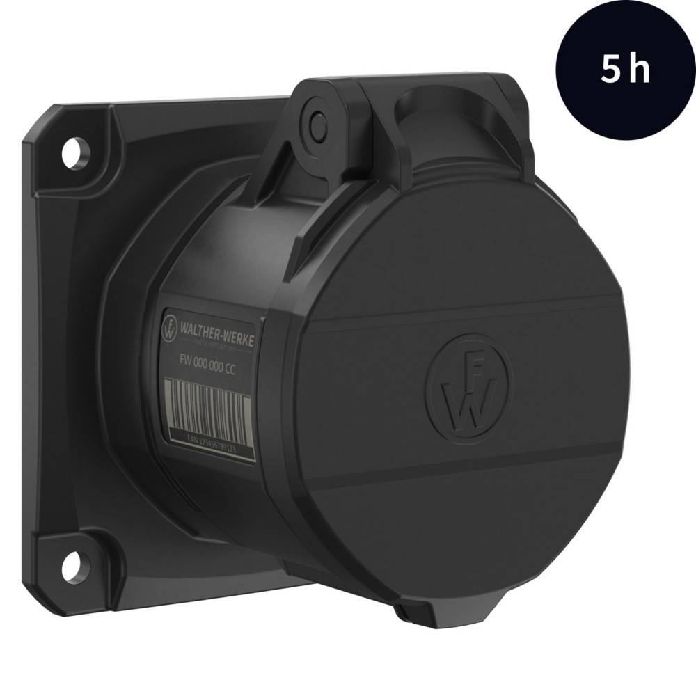 Eine schwarze elektrische Wandsteckdose mit dem Text '5h' in der oberen rechten Ecke, was eine bestimmte Konfiguration oder Nutzungsdauer anzeigt.