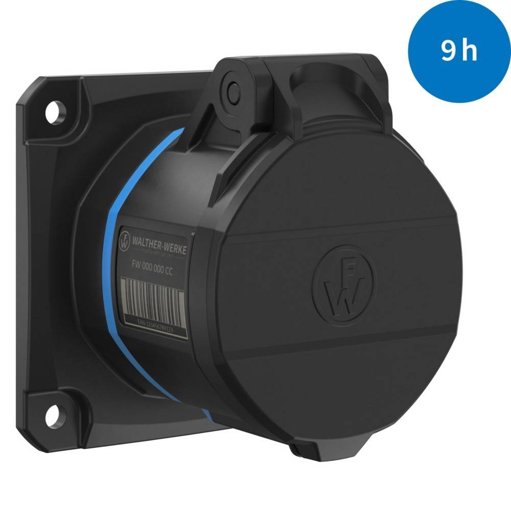 Schwarze elektrische Industriesteckdose mit einer Klappabdeckung, die auf einer Tafel montiert ist, seitlich mit der Aufschrift 'WALTHER WERKE' versehen. Ein blauer Kreis zeigt die Ausrichtung '9h' an.
