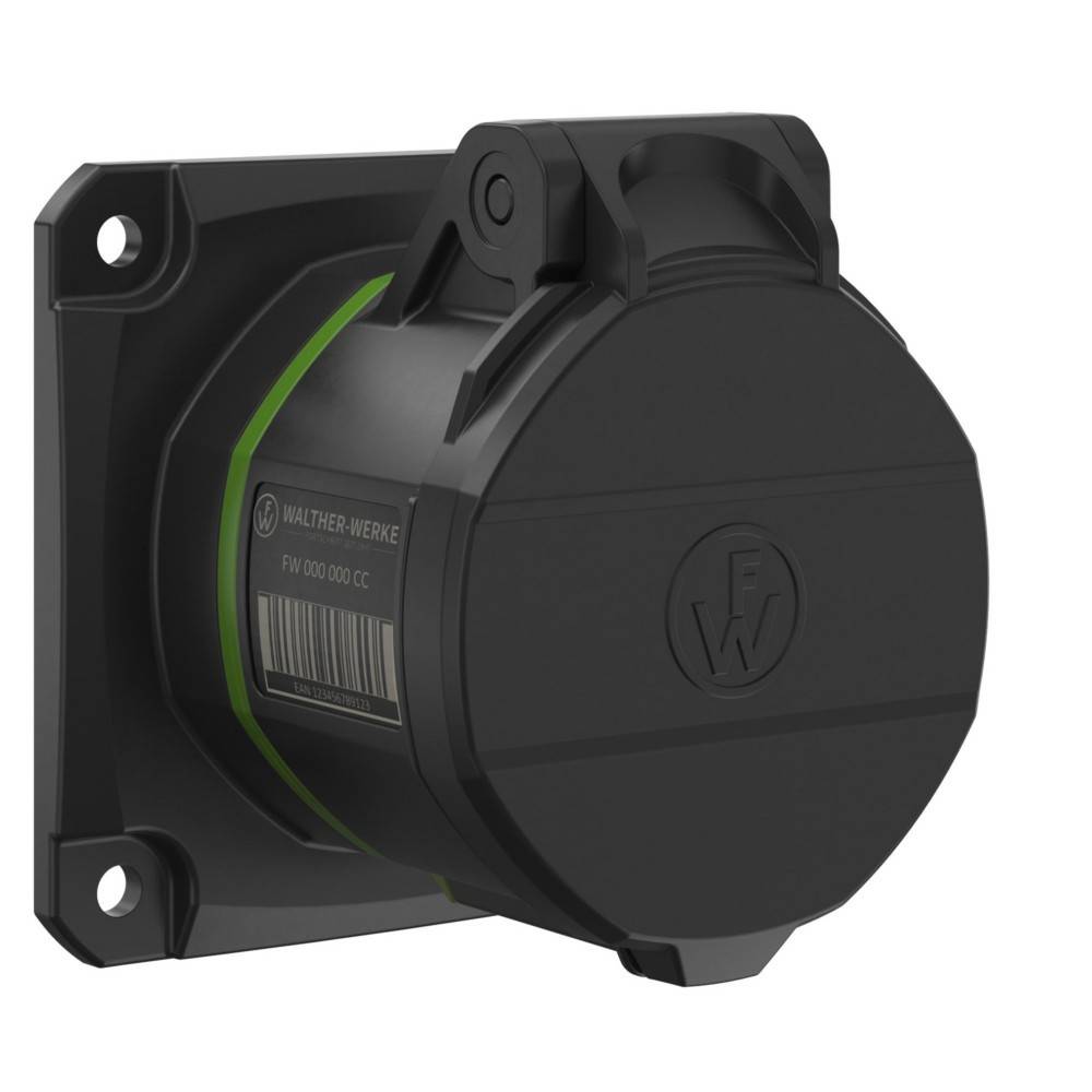 Das Bild zeigt eine schwarze industrielle Steckdose mit einer Schutzabdeckung. Ihr Design ist robust und eignet sich für hochbelastbare elektrische Verbindungen.