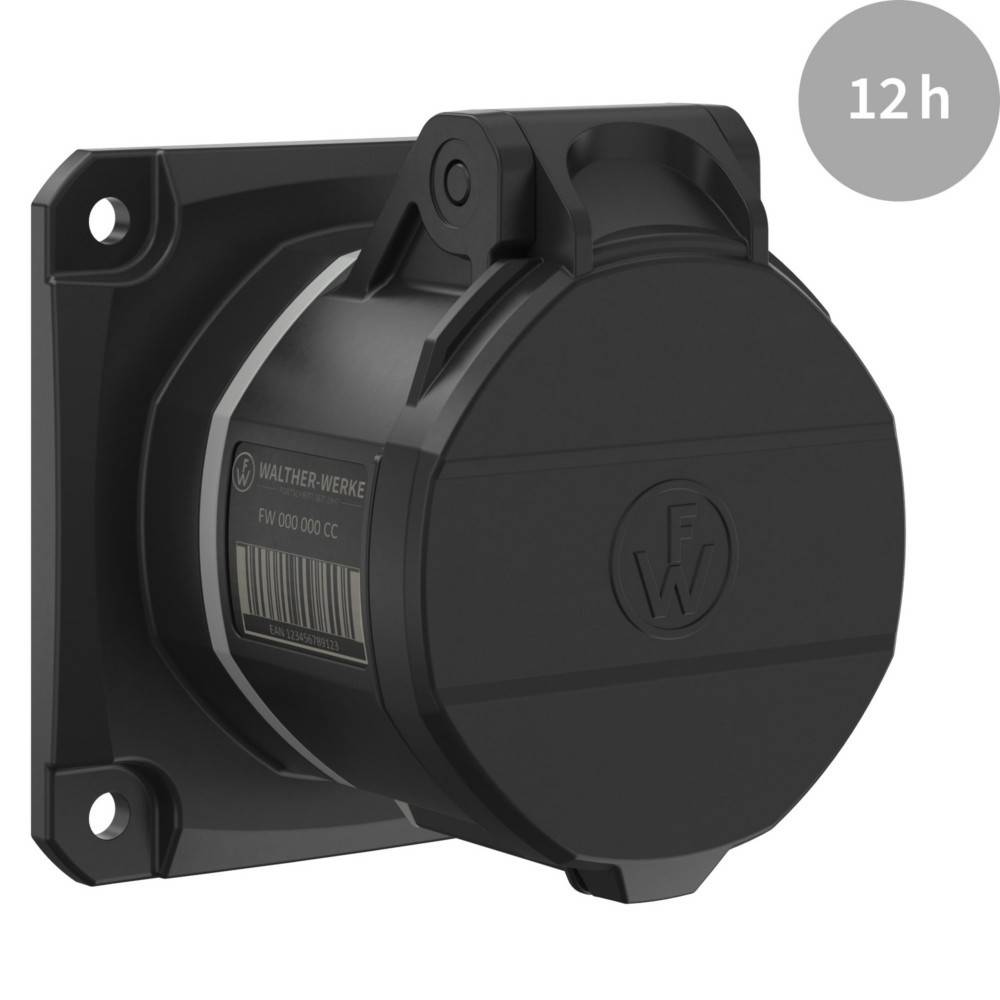 Eine schwarze, wandmontierte Industriesteckdose mit einer Klappe, auf der 