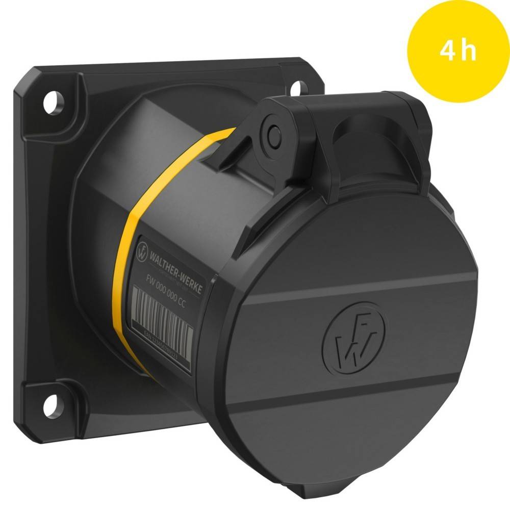 Eine schwarze industrielle Wandsteckdose mit Deckel, von vorne und von der Seite betrachtet, mit einem gelben Streifen und einer Beschriftung '4h' in einem gelben Kreis.