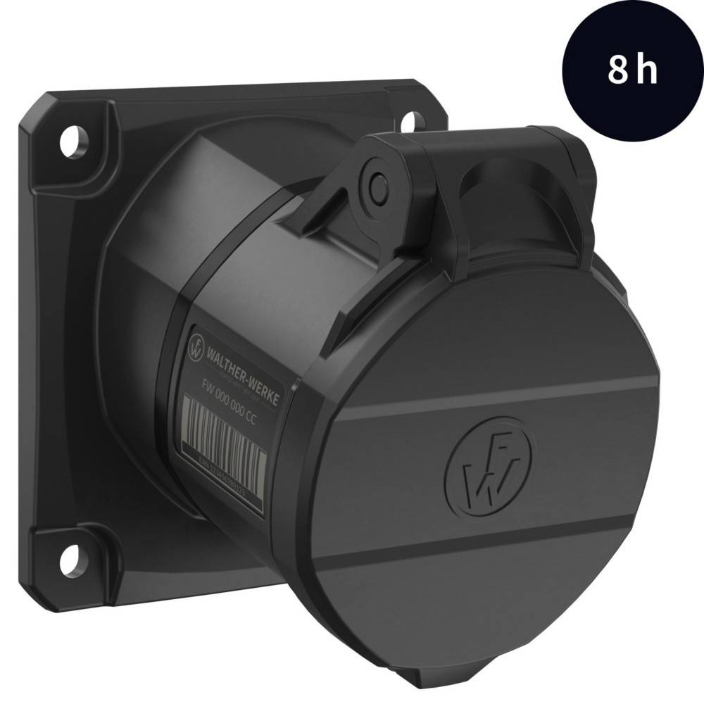 Ein schwarzer industrieller Wandstecker mit Abdeckung, versehen mit dem Logo 'FW'. Ein weißer Kreis mit der Beschriftung '8h' befindet sich in der oberen rechten Ecke.