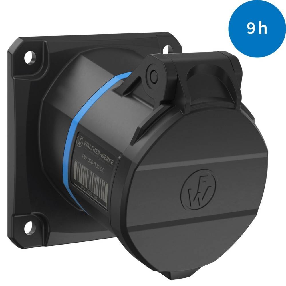 Industriesteckdose von 'Walther Werke', schwarz mit blauem Streifen, ausgestattet mit einer klappbaren Abdeckung. Ein blauer Kreis zeigt '9h' in weißer Schrift.