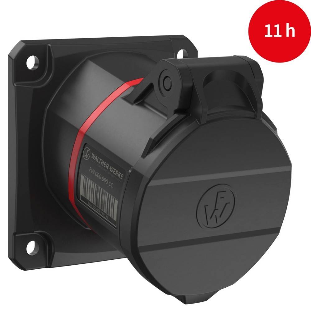 Eine schwarze Steckdose mit Abdeckung, gekennzeichnet durch einen roten Rand. Eine Beschriftung zeigt 'Walther Werke'. Ein roter Kreis mit '11 h' in der Ecke.