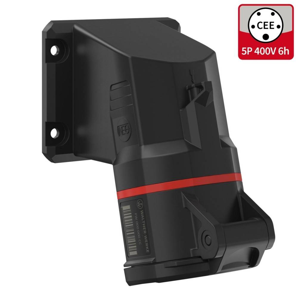 Schwarze industrielle Stromsteckdose, wandmontiert, mit rotem Streifen, gekennzeichnet CEE 5P 400V 6h.