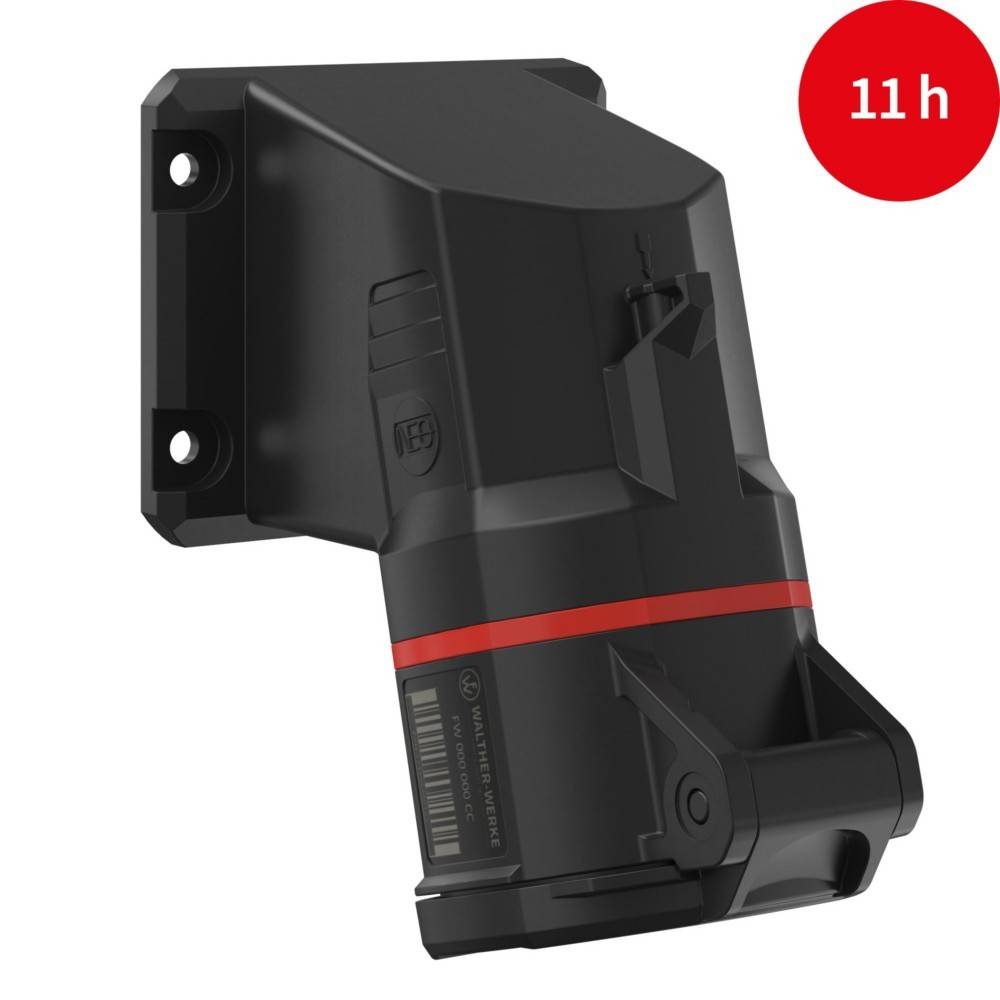 Eine schwarze und rote wandmontierte Batteriebox mit einem roten Kreis, der '11 h' zeigt und eine Stromversorgungsdauer von 11 Stunden angibt.