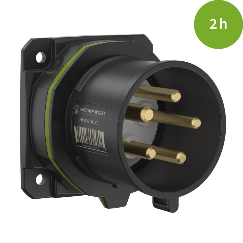 Schwerlast-Elektrostecker mit vier Bronzestiften, beschriftet mit ‚Walther-Werke'. Grünes Ecketikett zeigt ‚2h', was die Rotationsposition angibt.