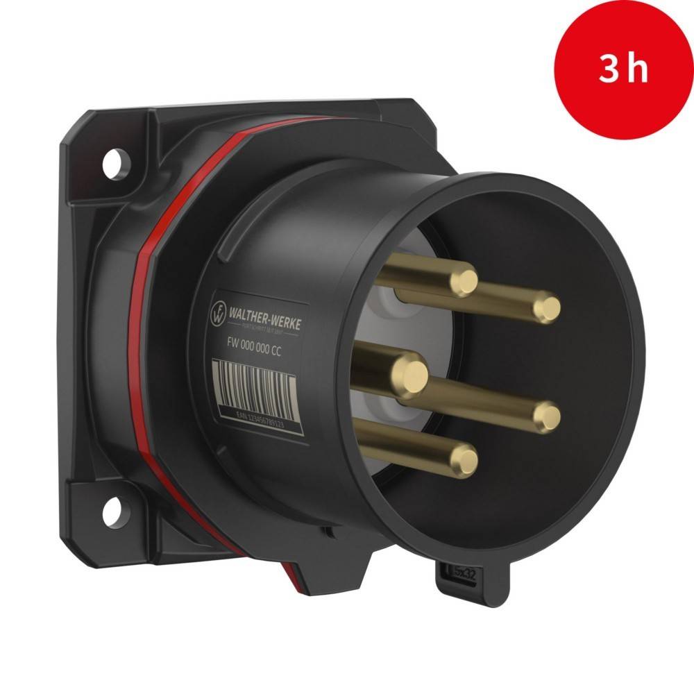 Ein schwarzer industrieller Elektroverbinder mit fünf goldenen Kontaktstiften, für den Einsatz unter harten Bedingungen konzipiert. Die rote Beschriftung in der oberen rechten Ecke zeigt '3h'.