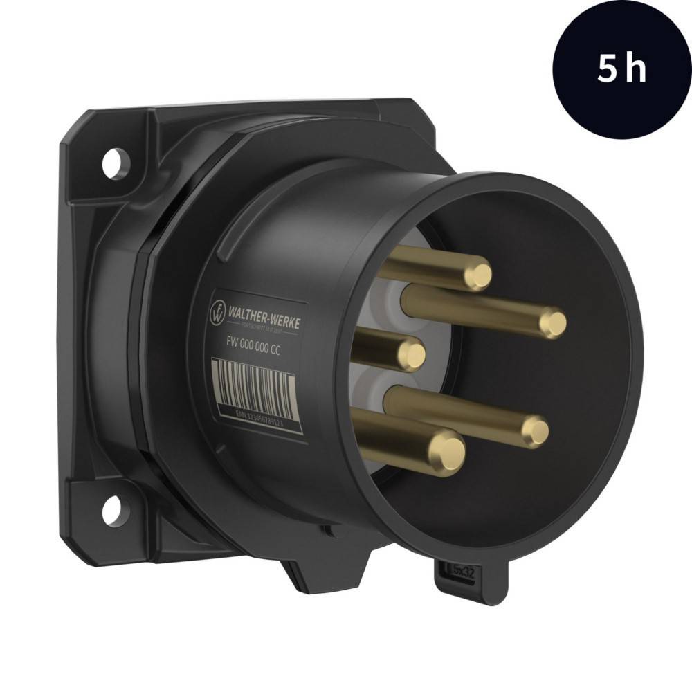 Ein schwarzer industrieller Hochleistungsstecker mit mehreren goldenen Stiften, die hervorstehen und für Hochspannungsverbindungen verwendet werden. Beschriftung '5h' in der Ecke.