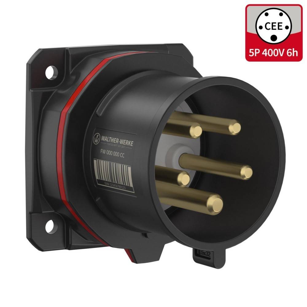 Ein schwarzer industrieller Stromstecker mit fünf goldenen Kontakten, in der oberen rechten Ecke mit ‚CEE, 5P 400V 6h' beschriftet.