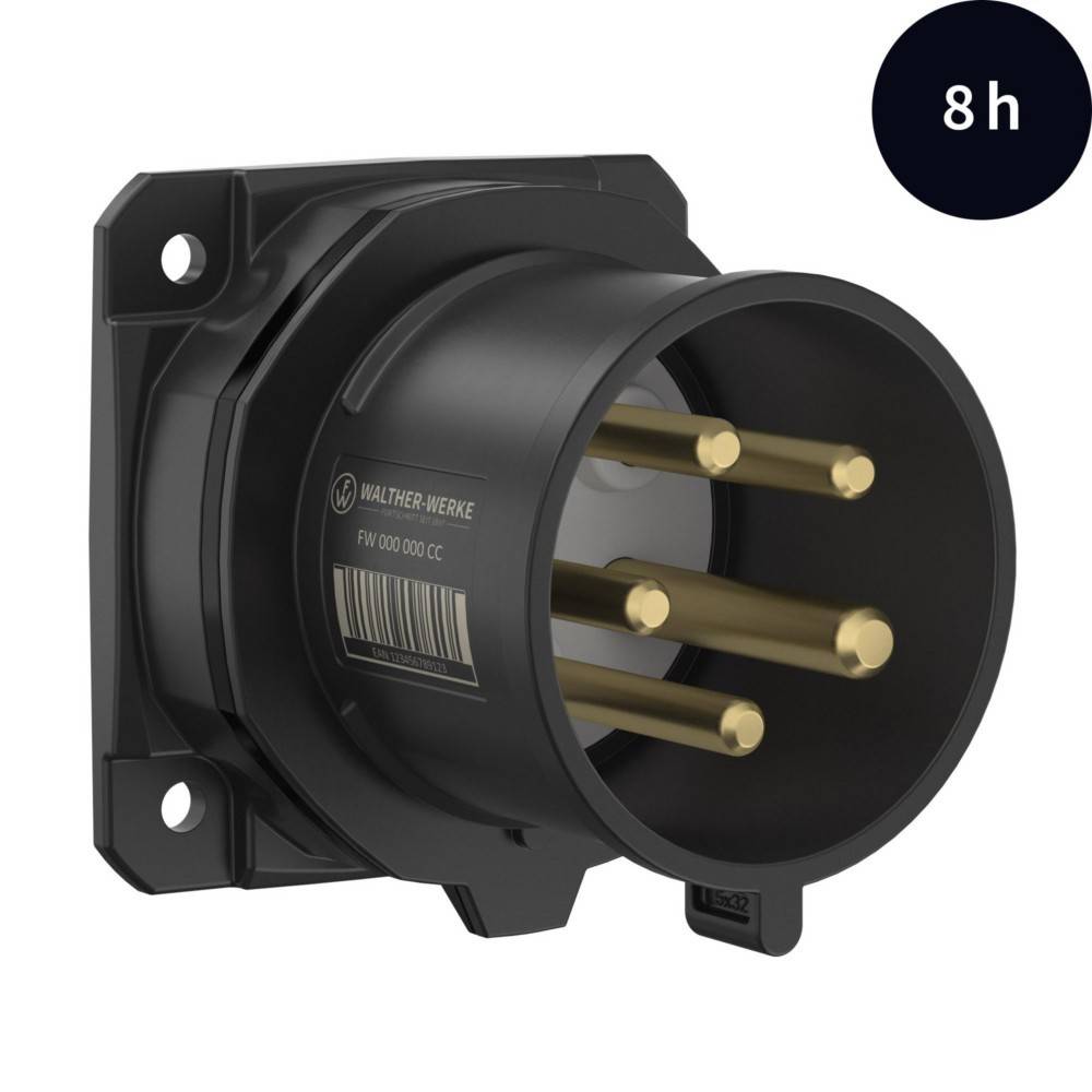 Industrielle Elektro-Steckdose mit vier Messingzacken, befestigt an einer schwarzen Montageplatte. Text in der Ecke liest sich '8h'.