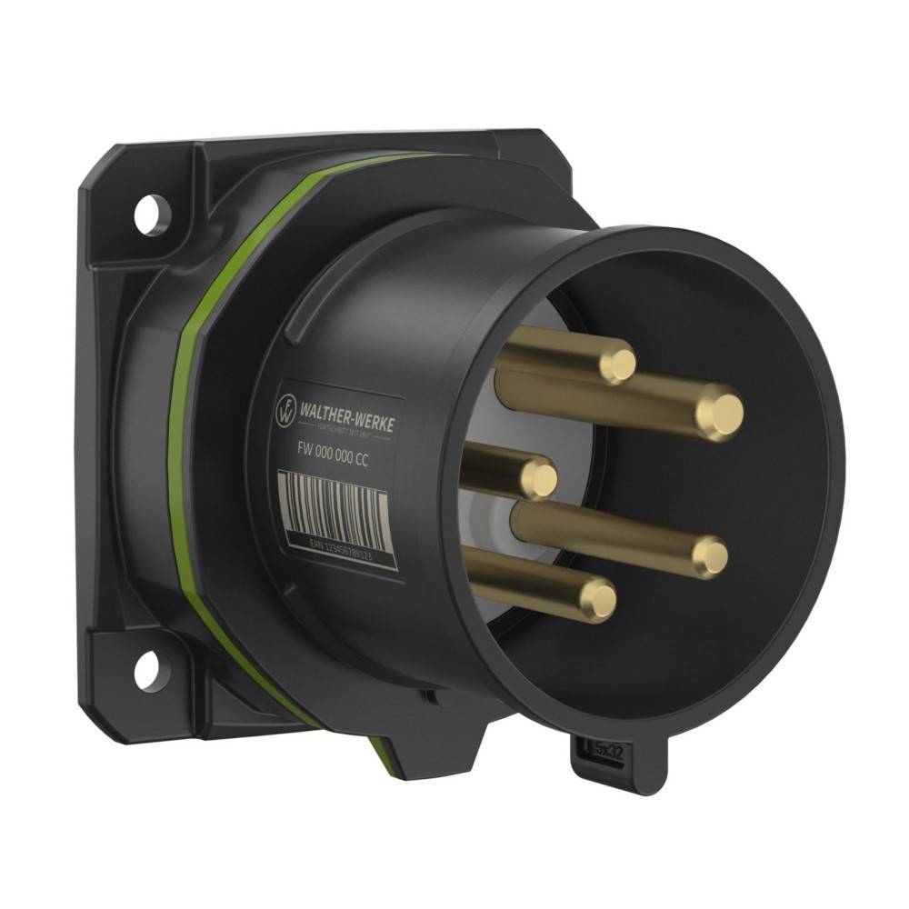 Elektrischer Anschluss mit einer schwarzen zylindrischen Buchse mit mehreren goldenen Kontaktstiften, der für industrielle oder robuste Stromverbindungen verwendet wird.