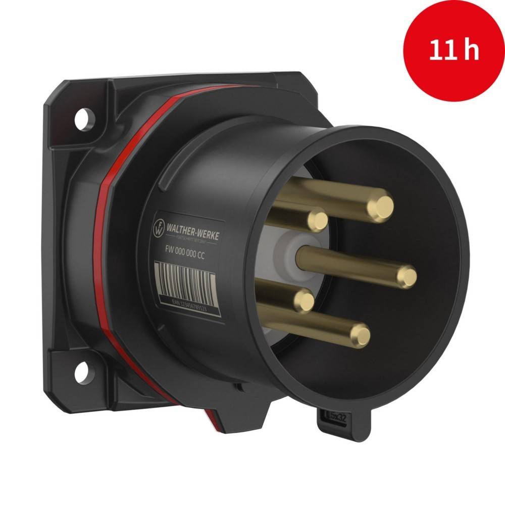 Ein schwarzer industrieller Stromstecker mit mehreren Messingkontakten und roter Einfassung vor einem weißen Hintergrund. Ein roter Kreis in der Ecke zeigt '11 h'.