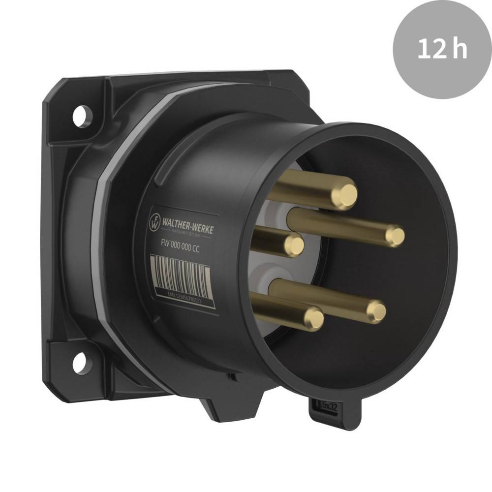 Ein schwarzer elektrischer Stromstecker mit mehreren Metallstiften, montiert auf einer Tafel. Ein grauer Kreis in der Ecke zeigt '12h'.