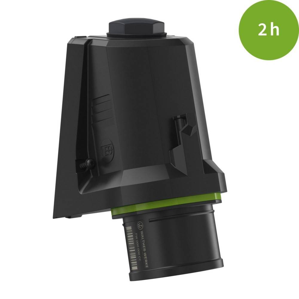 Akku-Werkzeug mit einem grünen '2h'-Symbol, das zwei Stunden Nutzungszeit anzeigt. Der Akku ist schwarz mit grünen Akzenten.