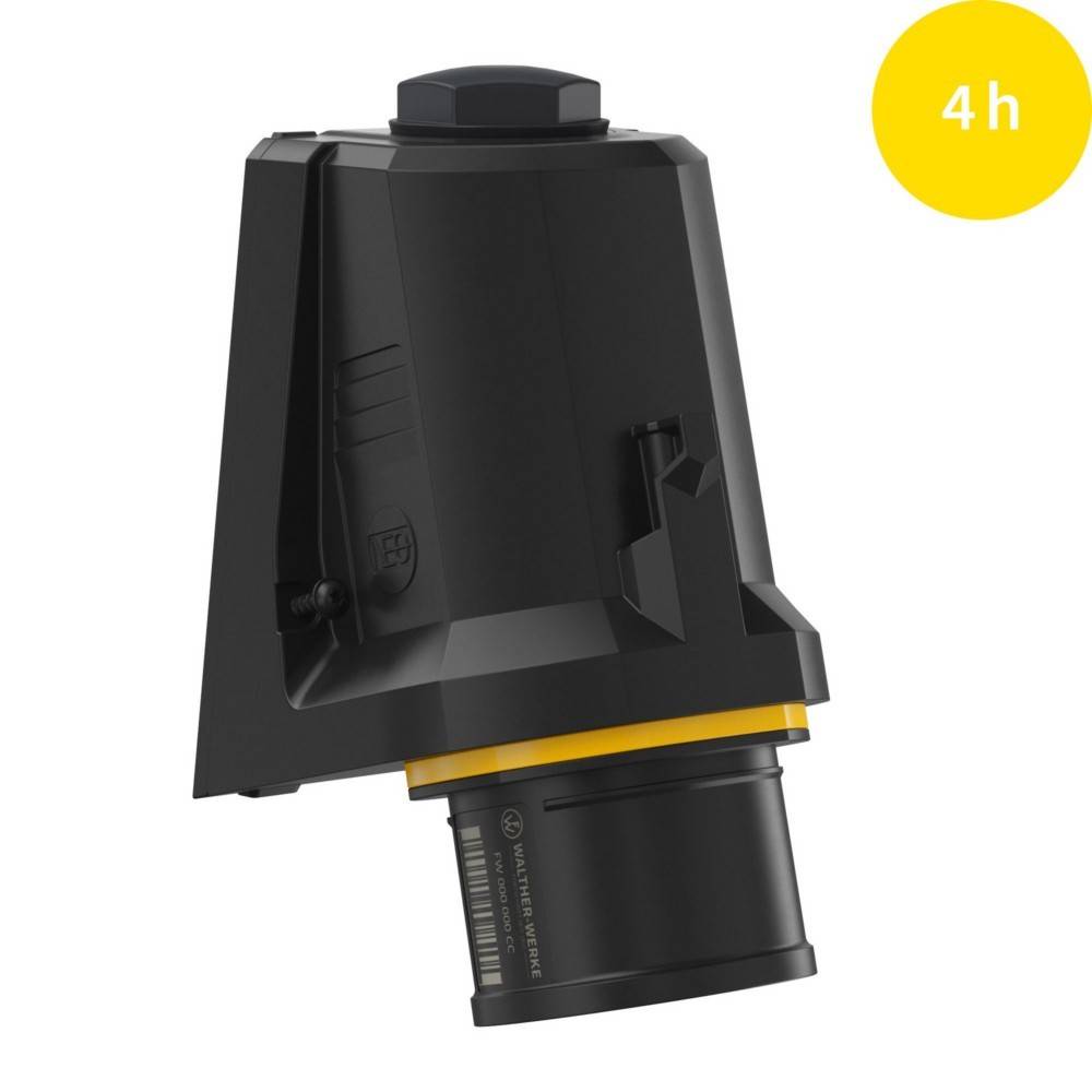 Kompaktes schwarzes Gerät mit Beschriftung '4h' in einem gelben Kreis, möglicherweise zur Anzeige der Akkulaufzeit oder Ladedauer.