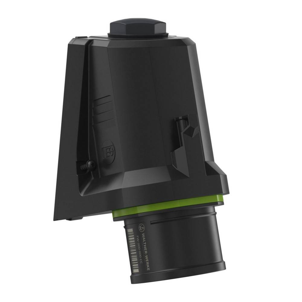 Ein schwarzer zylindrischer mechanischer Apparat mit verjüngter Spitze, der grüne Akzente nahe der Basis aufweist. Es scheint sich um ein Werkzeug oder eine Maschinenkomponente zu handeln.