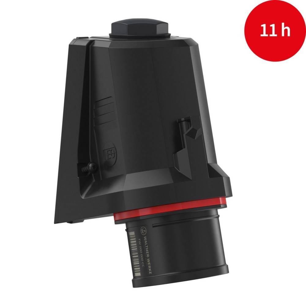 Eine schwarze und rote Akku-Werkzeugbatterie mit einer '11 h' Beschriftung in einem roten Kreis, die 11 Stunden Nutzungszeit anzeigt.