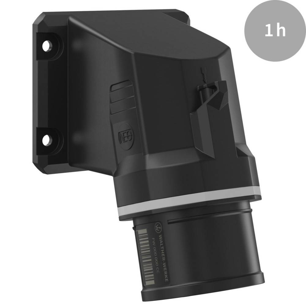 Ein schwarzer industrieller Verbindermontagehalter mit Flansch für sichere Befestigung, entwickelt für schnelle Installation und mit '1h' Etikett zur Zeitangabe.