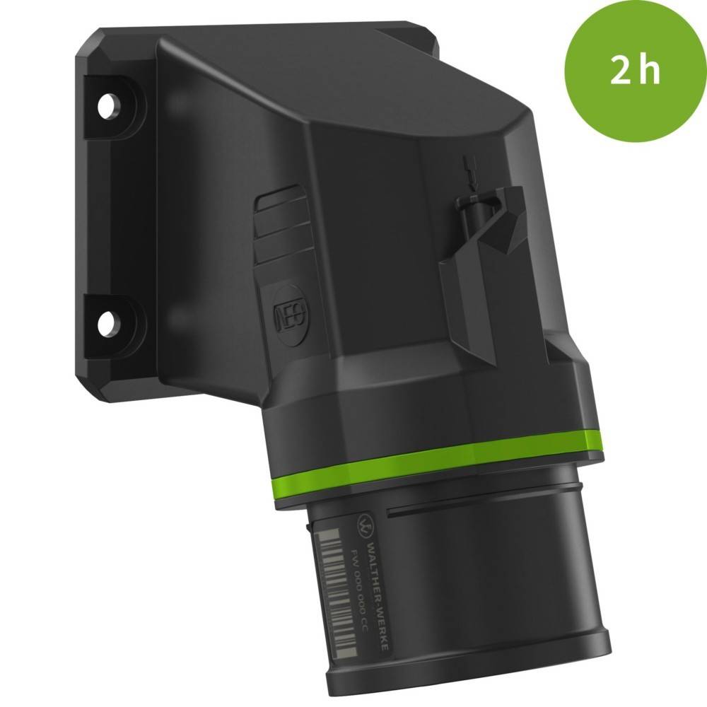 Ein schwarzer elektrischer Ladeanschlusshalter mit einem grünen Streifen und '2h' in einem grünen Kreis, der eine 2-stündige Ladezeit anzeigt.