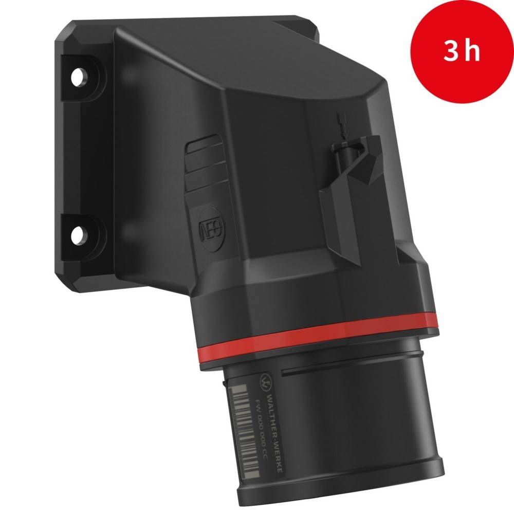 Ein schwarzes und rotes wandmontiertes Gerät mit einer Batterie-Laufzeit von 3 Stunden in einem roten Kreis, möglicherweise eine Ladestation oder Stromeinheit.