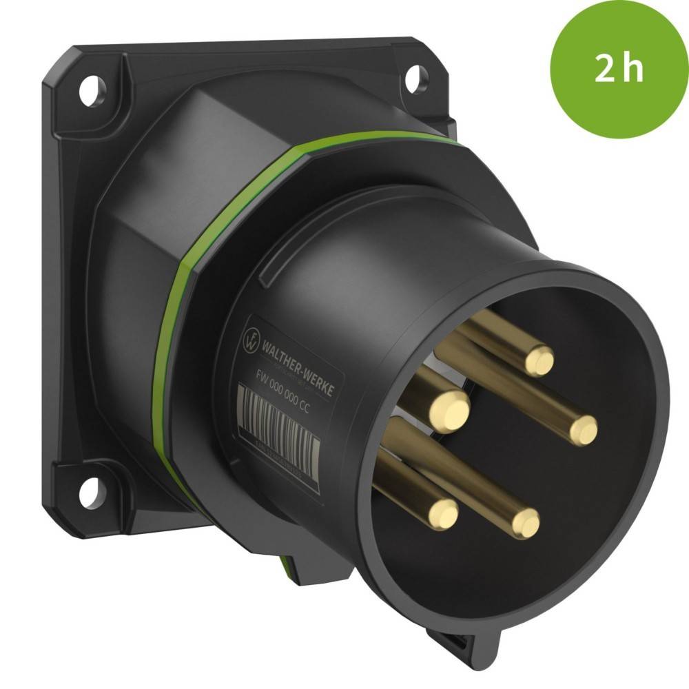 Ein schwarzer und grüner industrieller elektrischer Steckverbinder mit fünf goldenen Anschlüssen, mit '2h' in einem grünen Kreis gekennzeichnet, auf einer quadratischen Basis montiert.
