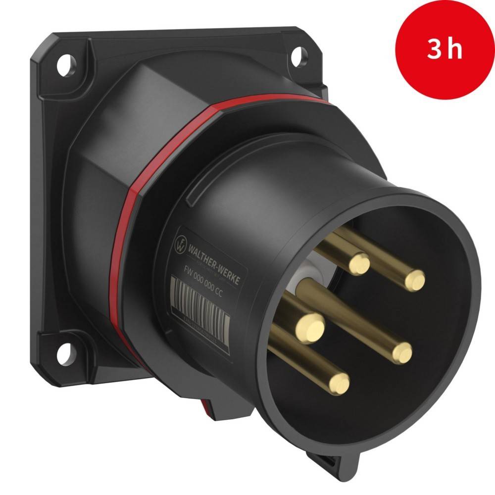 Ein runder schwarzer elektrischer Stecker mit fünf goldenen Kontakten, montiert auf einer quadratischen schwarzen Platte. Ein roter Kreis in der Ecke zeigt '3h'.