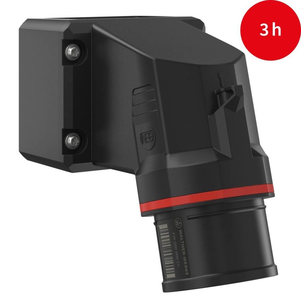 Schwarzes und rotes elektronisches Gerät mit strukturiertem Design, Schrägansicht. Roter Kreis mit '3h' in der Ecke.