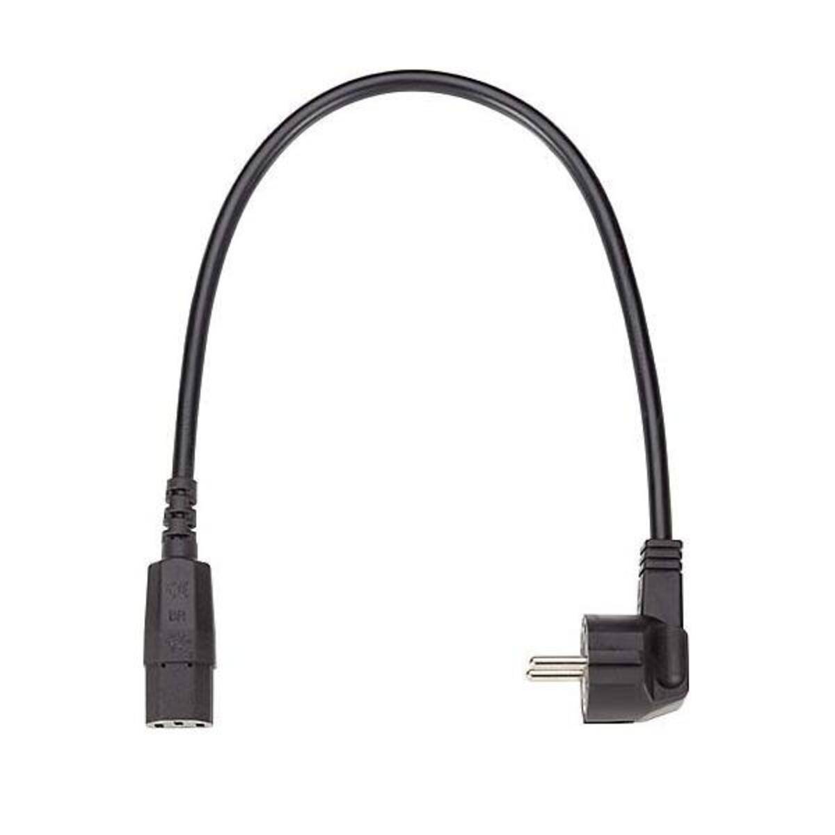 „Ein schwarzes elektronisches Netzkabel mit Winkelstecker-Design, das beide Enden zeigt: einen Standardstecker und eine Buchsenbuchse.