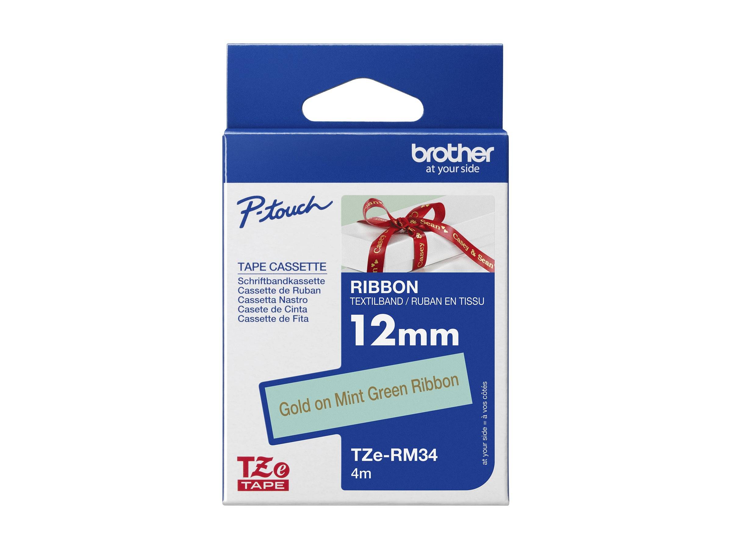 Brother TZe-RM34 - Seidig - Gold auf Mintgrün - Rolle (1,2 cm x 4 m)
