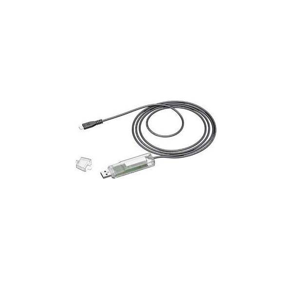USB-Programmierkabel mit kleinem Inline-Adapter und abnehmbarem transparentem Anschluss auf weißem Hintergrund