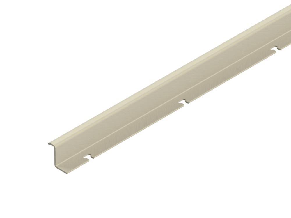 Beige Vinylverkleidung mit Zierleiste, die eine Nahaufnahme mit glatter und leicht geschwungener Kontur für den Einsatz an Hausfassaden zeigt.