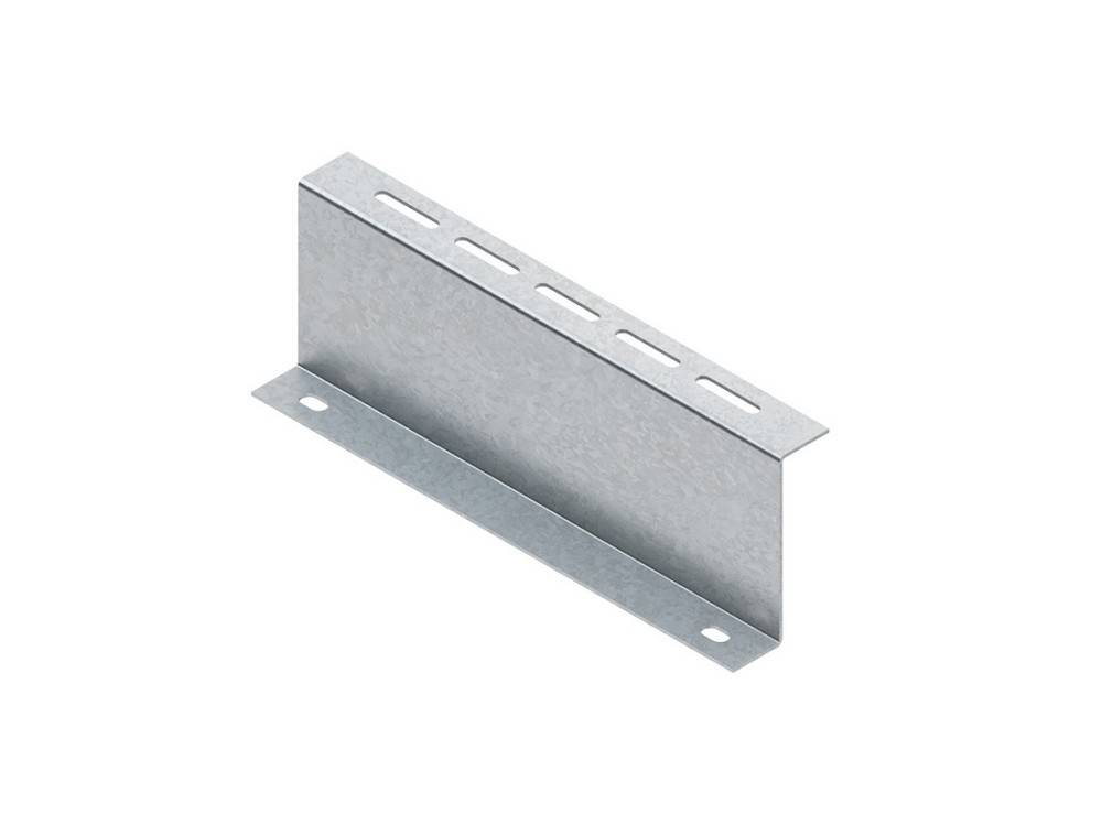 Verzinkter Metallmontagebügel mit geschlitzter oberer Kante und zwei Basislöchern, gezeigt auf weißem Hintergrund.